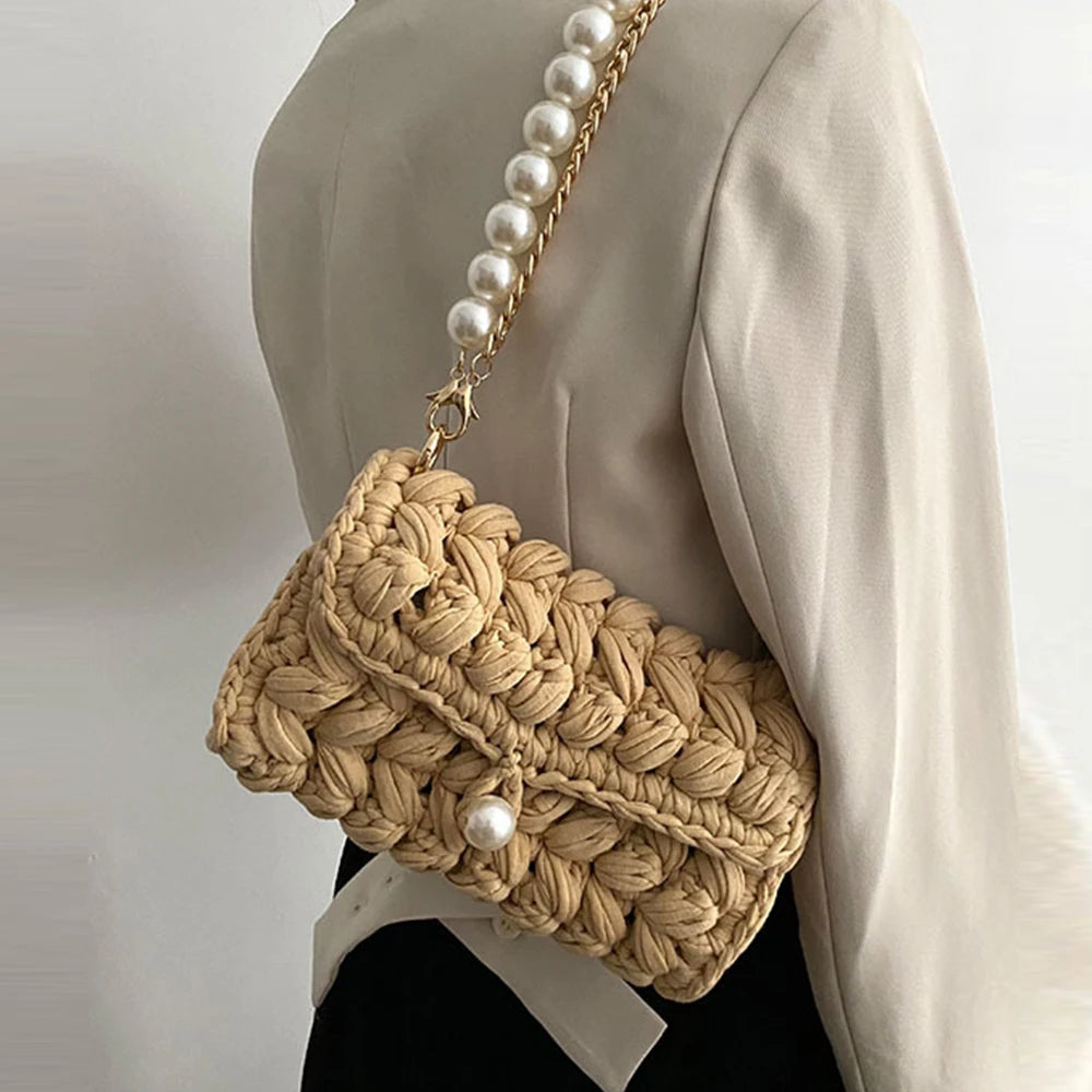 Borsa Donna Crochet a Spalla Uncinetto con Perle e Catena – Design Crossbody
