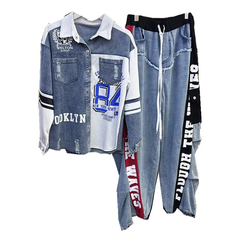 Completo Donna 2 Pezzi Denim Patchwork – Camicia Lunga + Jeans Vita Elastica Street Stylewo-Piece Set Letter Splicing