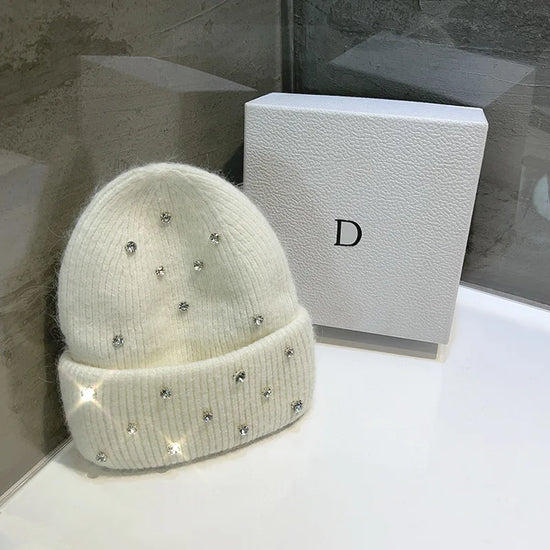 Cappello invernale con strass e pelliccia – Berretto a maglia con perline lucenti per donna, caldo e fashion