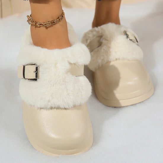 Women EVA Thick Sole Fur Slippers Closed Toe Fluffy Warm Home Slippers Woman Buckle Fashion Slip-on Cover Head Cotton Slippers