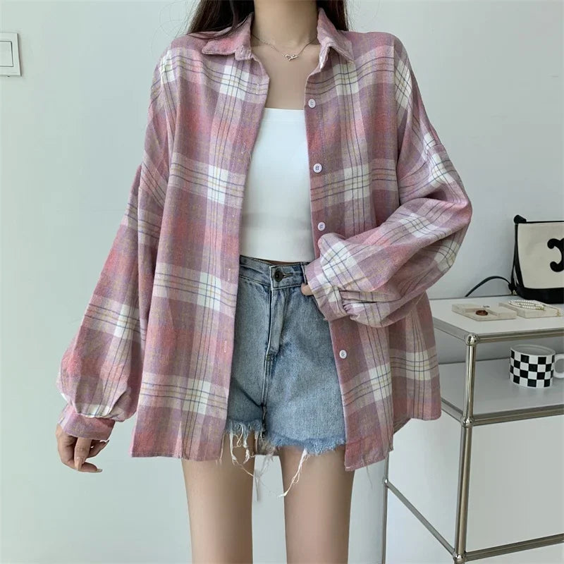 Camicia a quadri donna autunno 2025 – camicia manica lunga stile preppy vintage, taglio loose, single-breasted
