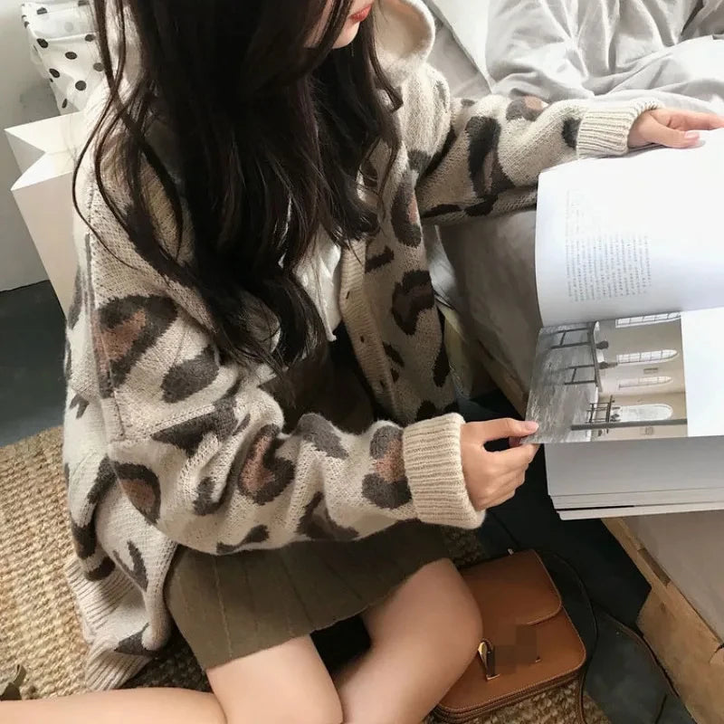 Cardigan leopardato donna con scollo a V stile coreano – Maglione knit oversize autunno/inverno animal print