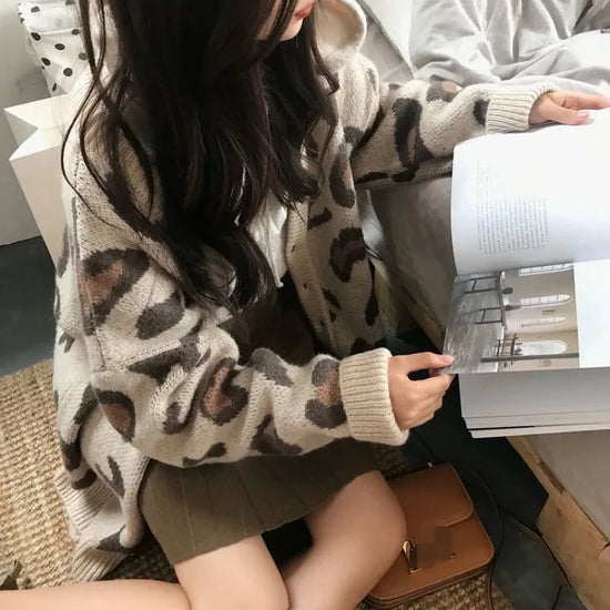 Cardigan leopardato donna con scollo a V stile coreano – Maglione knit oversize autunno/inverno animal print