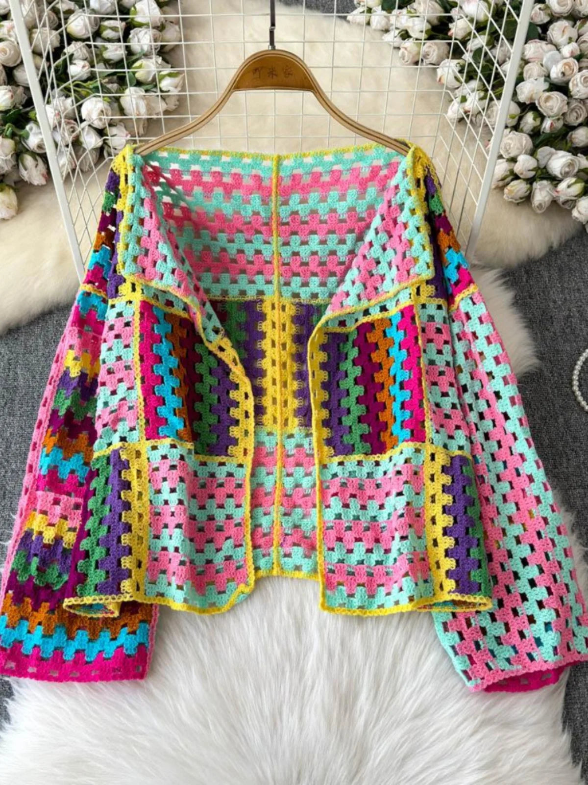 Cardigan multicolore crochet donna – Maglione traforato patchwork openwork