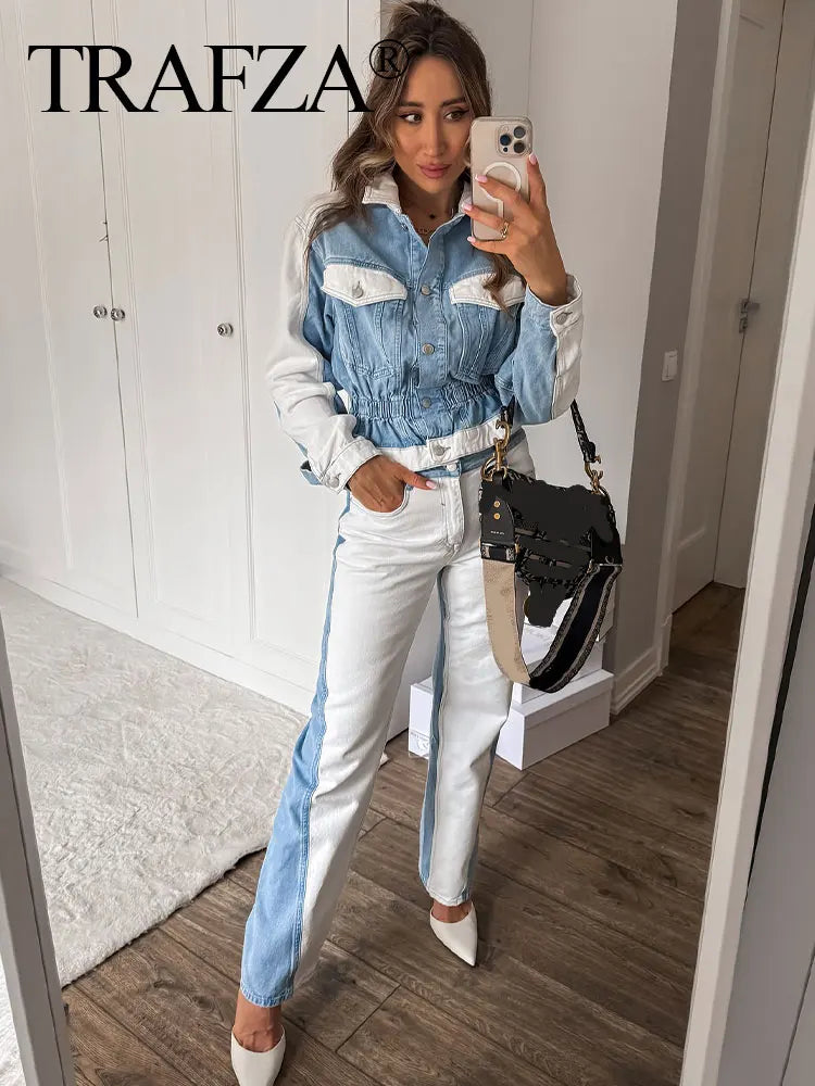 Set patchwork denim donna 2025 ‒ completo giacca monopetto + pantaloni wide-leg, look autunnale fashion con tasche
