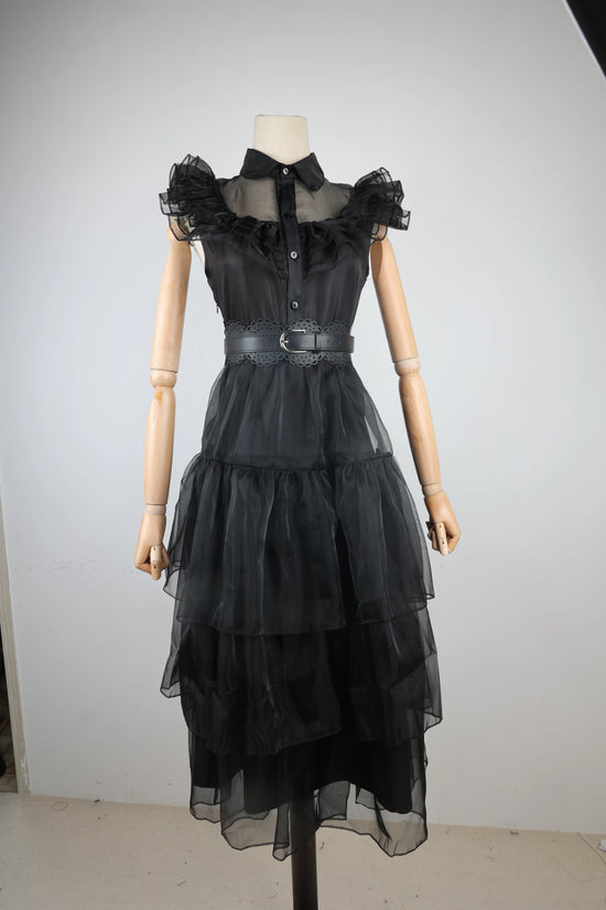 Costume Halloween Wednesday Addams 2025 ‒ abito nero elegante con pizzo & cut-out per party e role play