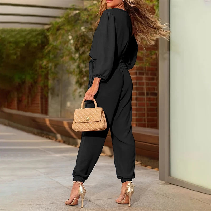 Jumpsuit da ufficio donna 2025 ‒ manica lunga con scollo V e cintura annodata, one piece business elegante