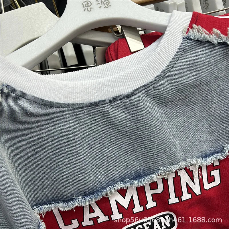 Completo Donna Denim Patchwork – Felpa + Pantaloni Streetwear Casual