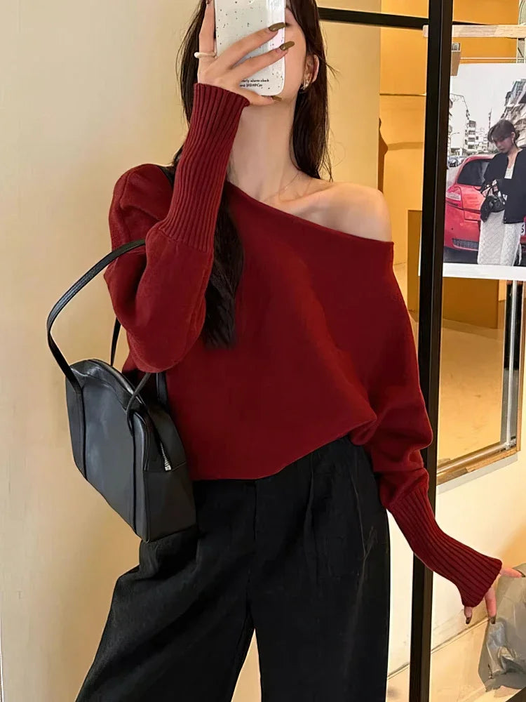 Maglione donna con spalle scoperte e maniche ampie - Bordeaux (Burgundy)
