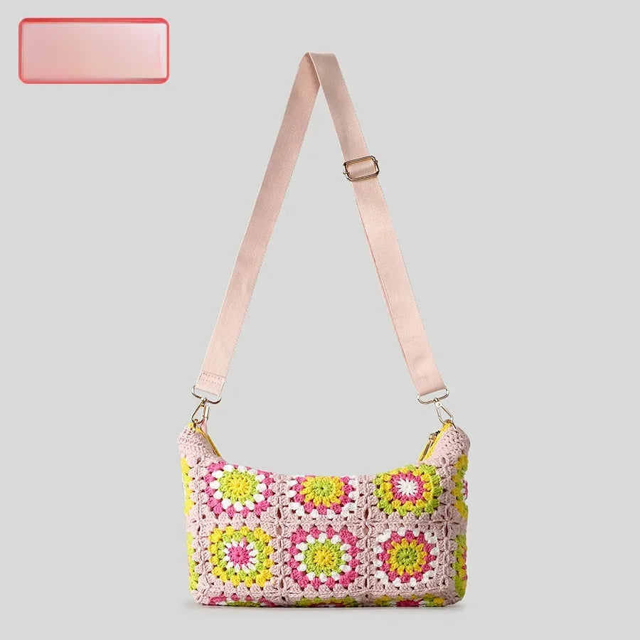 Borsa a tracolla in cotone uncinetto traforato – shoulder bag artigianale floreale con zip, stile boho
