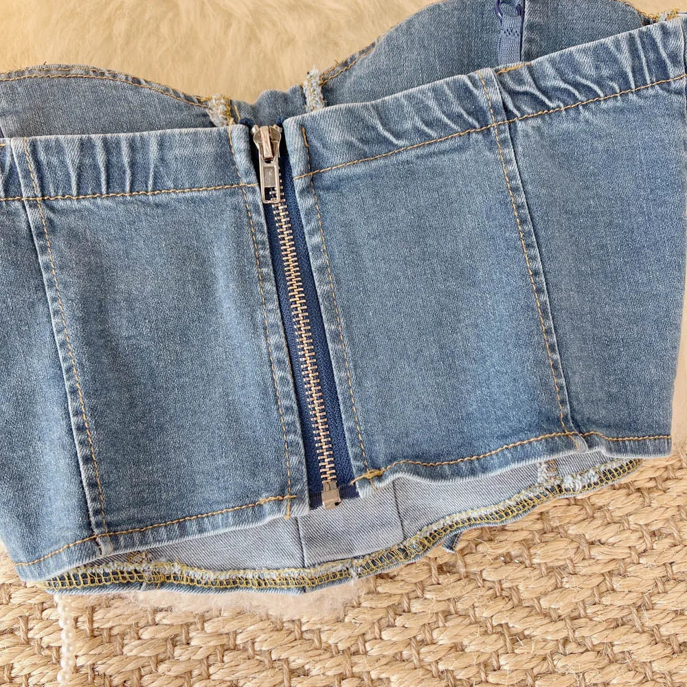 Top Denim Corsetto con Reggiseno Integrato – Crop Top Donna