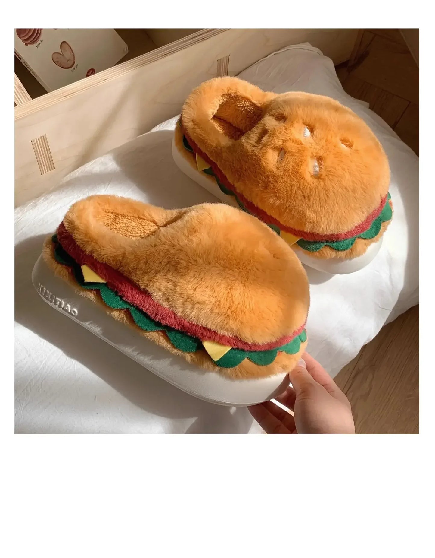 2026 new style autumn and winter fun home cotton slippers couple cute hamburger full-covered heel fuzzy shoes warm men and women