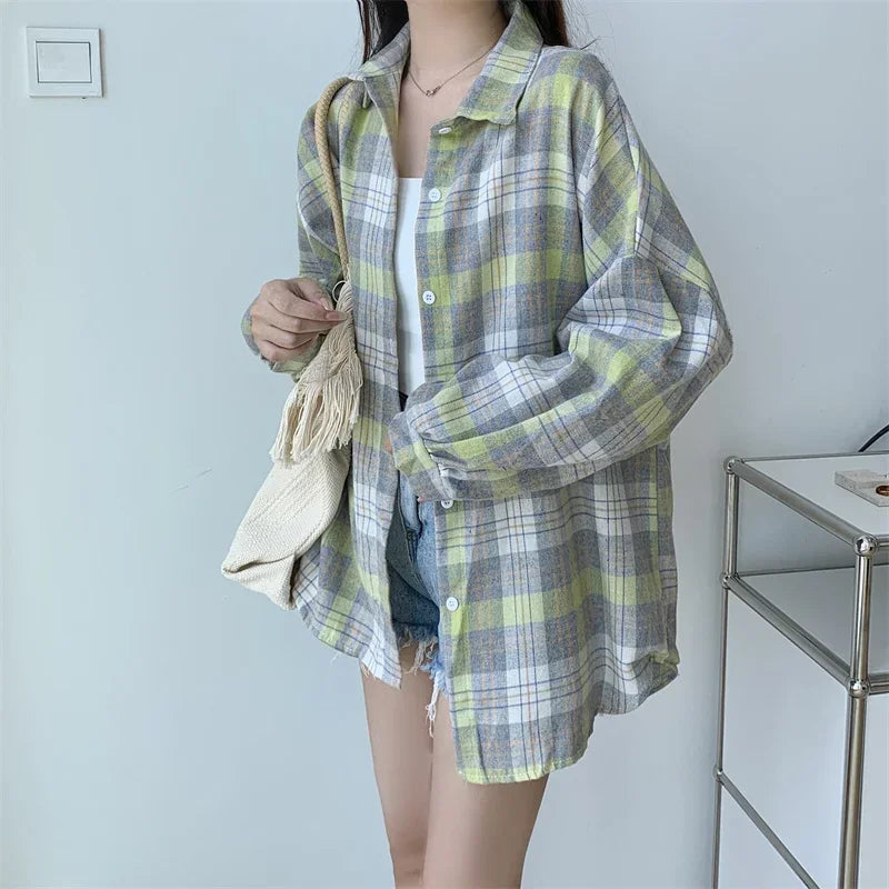 Camicia a quadri donna autunno 2025 – camicia manica lunga stile preppy vintage, taglio loose, single-breasted