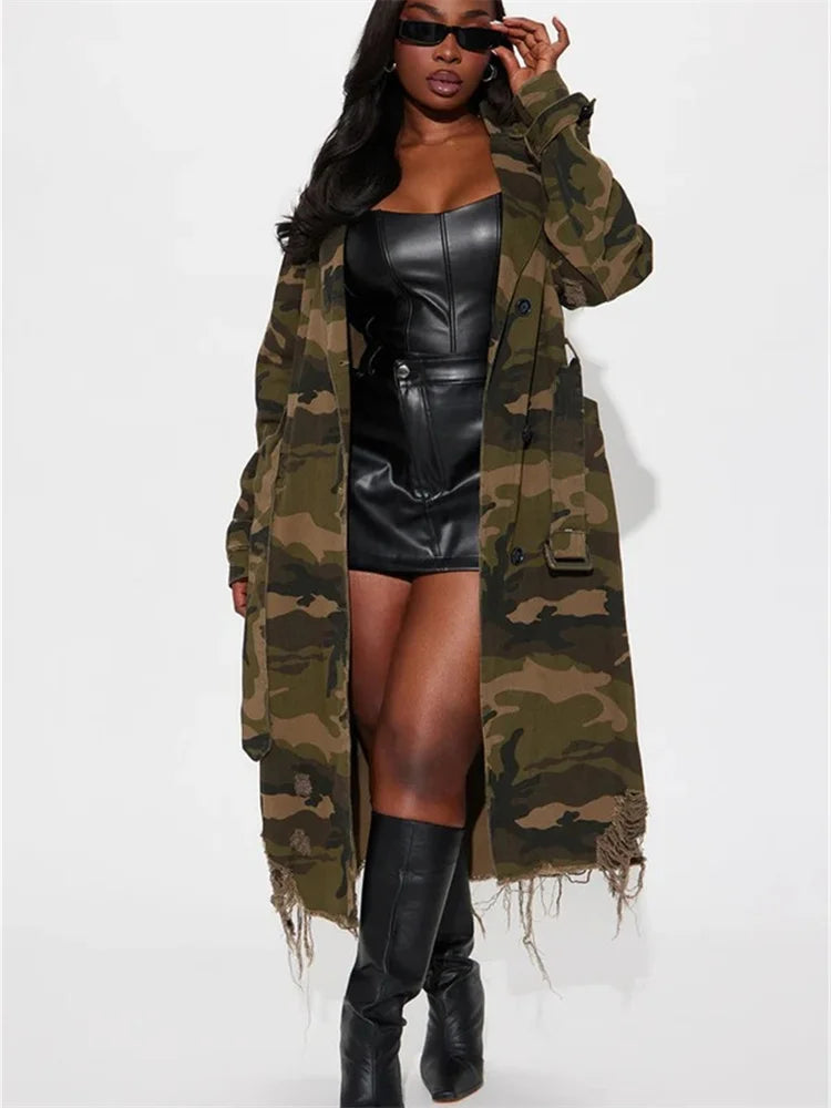 Trench camouflage oversize da donna | stile streetwear, lungo e ripped – taglie S-2XL