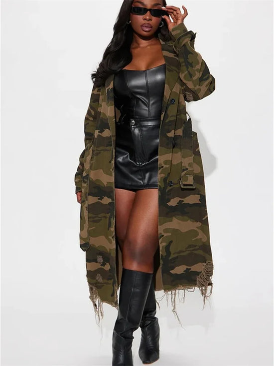Trench camouflage oversize da donna | stile streetwear, lungo e ripped – taglie S-2XL
