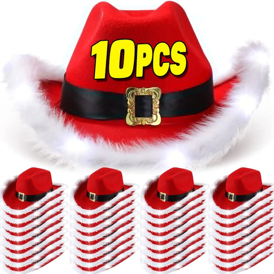 Cappello cowboy “Babbo Natale” rosso in feltro con tesa larga – floccato, unisex per festa western natalizia 2025