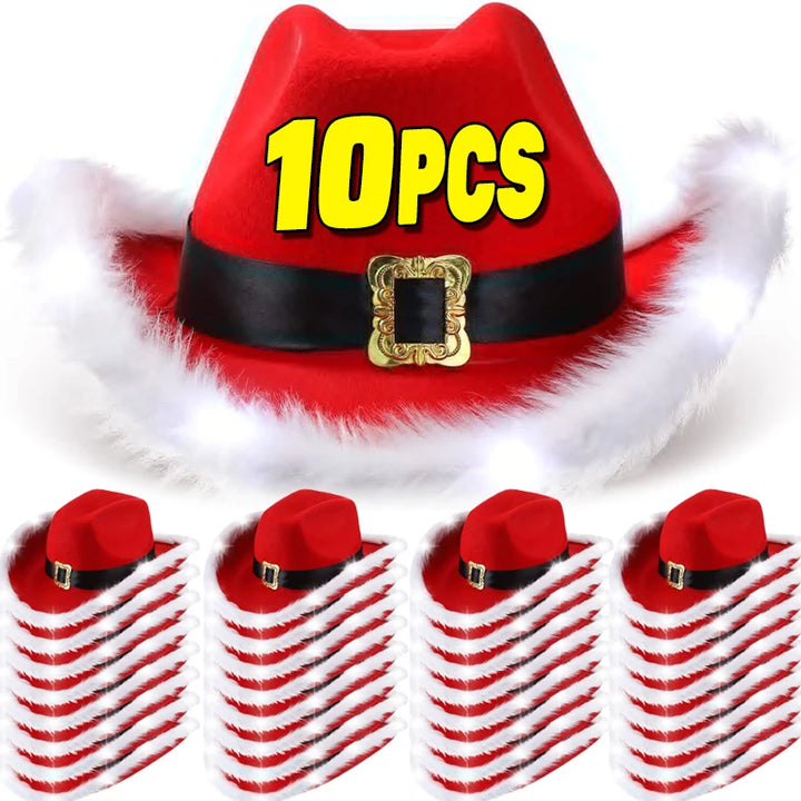 Cappello cowboy “Babbo Natale” rosso in feltro con tesa larga – floccato, unisex per festa western natalizia 2025