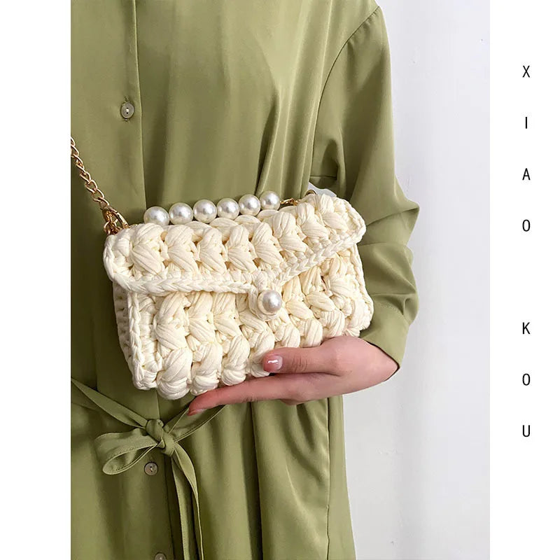 Borsa Donna Crochet a Spalla Uncinetto con Perle e Catena – Design Crossbody