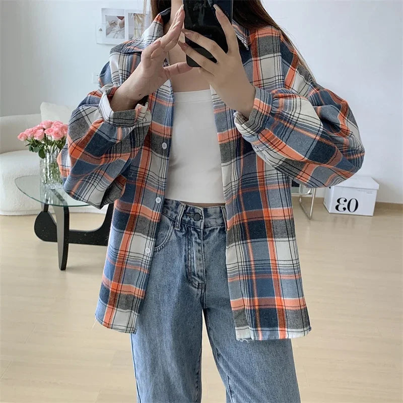 Camicia a quadri donna autunno 2025 – camicia manica lunga stile preppy vintage, taglio loose, single-breasted