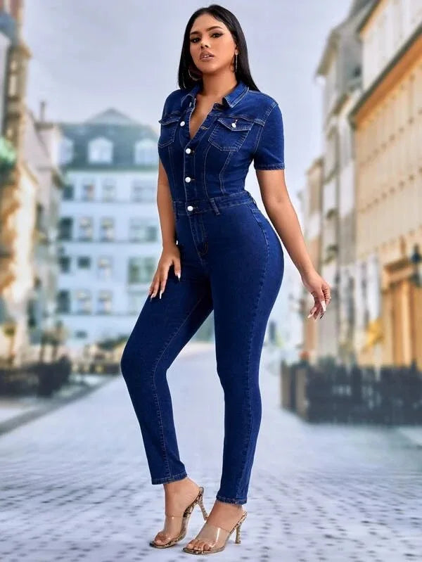 Jeans salopette skinny donna 2025 ‒ denim stretch blu con bottoni, jumpsuit casual con colletto a rever