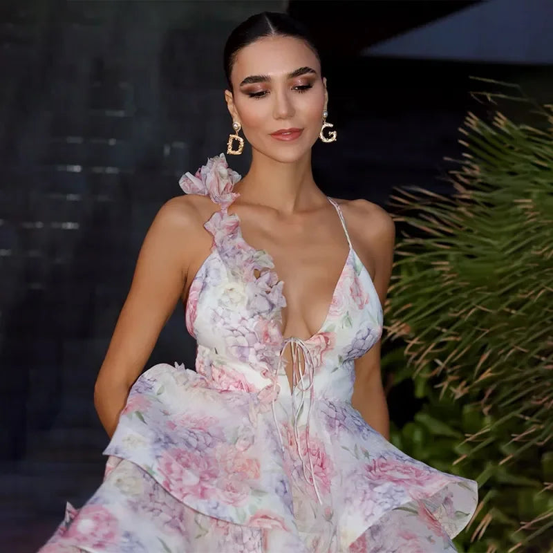 Vestito estivo mini chiffon floreale con scollatura profonda e maniche a palloncino – Abito da sera Fairycore 2025