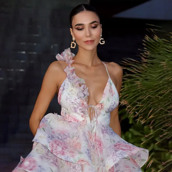 Vestito estivo mini chiffon floreale con scollatura profonda e maniche a palloncino – Abito da sera Fairycore 2025