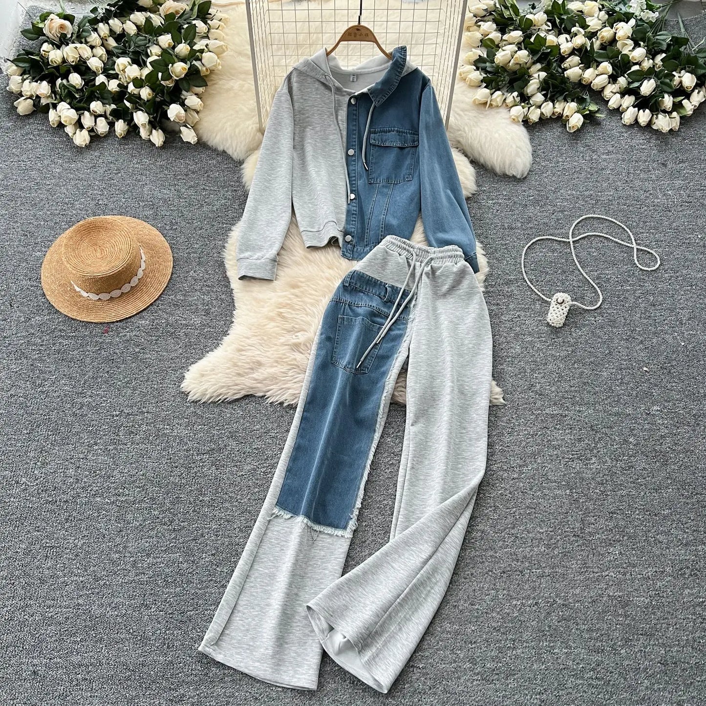 Set denim donna 2025 – completo felpa con cappuccio + pantaloni larghi elasticizzati, co-ord casual trendy