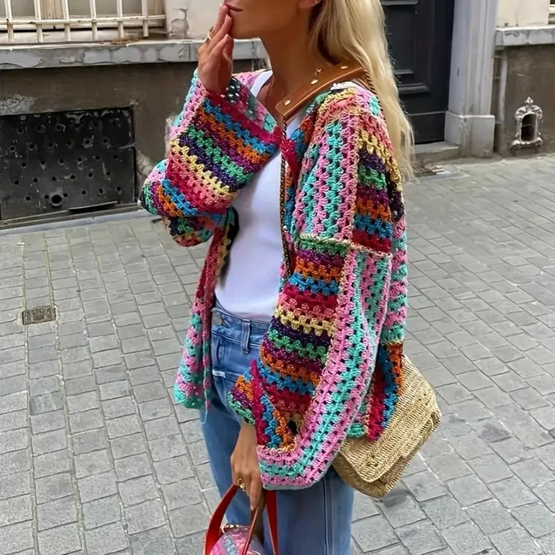Cardigan multicolore crochet donna – Maglione traforato patchwork openwork