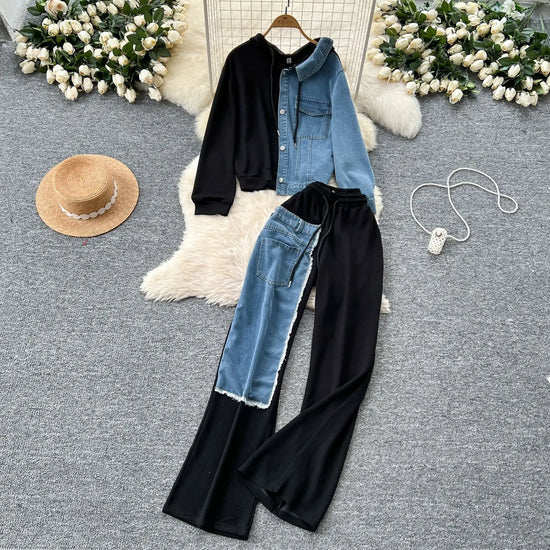 Set denim donna 2025 – completo felpa con cappuccio + pantaloni larghi elasticizzati, co-ord casual trendy