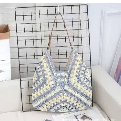 Borsa in paglia intrecciata traforata – straw hollow-out shoulder bag con tasca per smartphone, ideale per viaggio e shopping