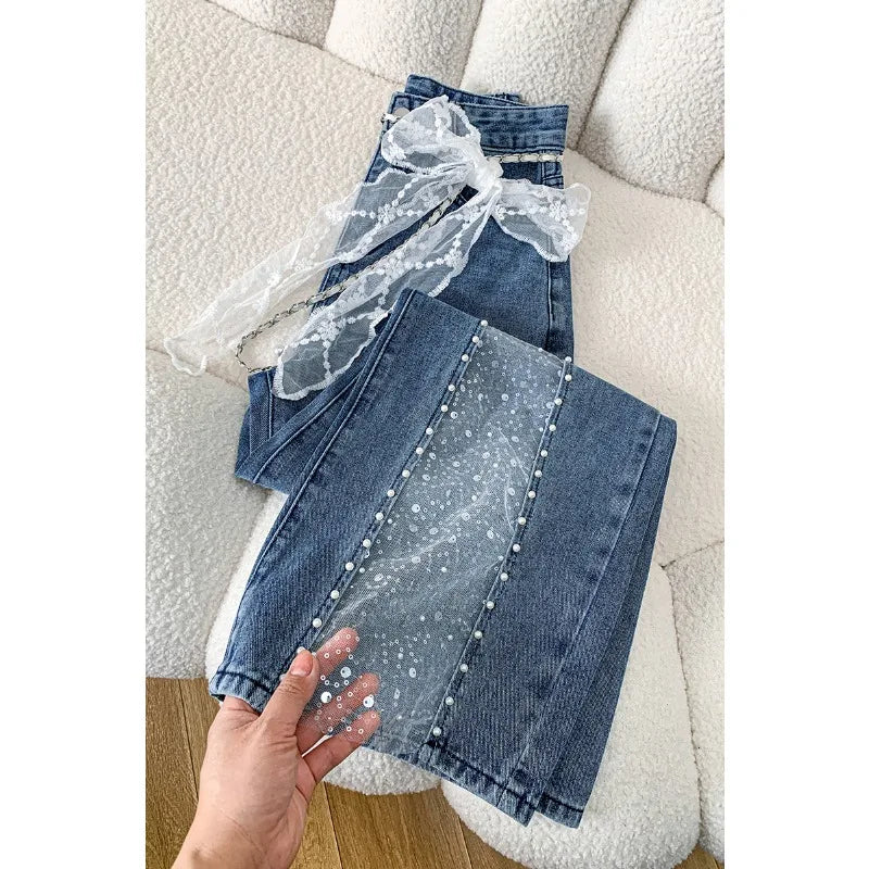 Jeans Donna Wide Leg con Pizzo, Perle e Cristalli