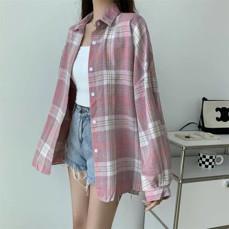 Camicia a quadri donna autunno 2025 – camicia manica lunga stile preppy vintage, taglio loose, single-breasted