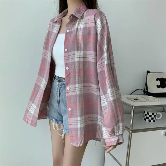 Camicia a quadri donna autunno 2025 – camicia manica lunga stile preppy vintage, taglio loose, single-breasted