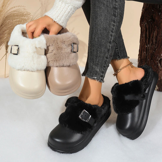 Women EVA Thick Sole Fur Slippers Closed Toe Fluffy Warm Home Slippers Woman Buckle Fashion Slip-on Cover Head Cotton Slippers