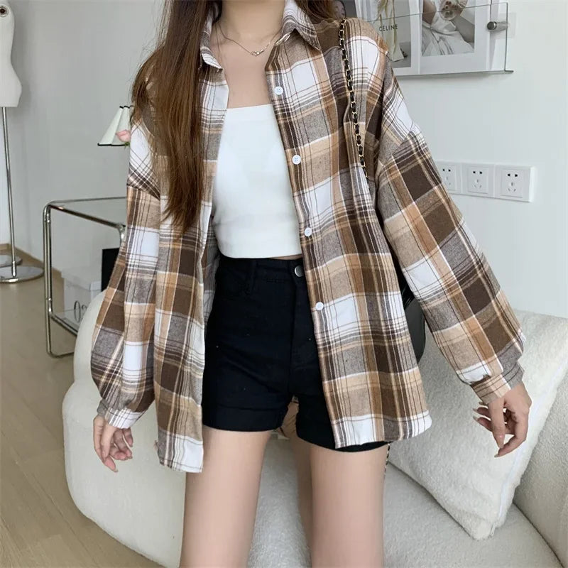 Camicia a quadri donna autunno 2025 – camicia manica lunga stile preppy vintage, taglio loose, single-breasted