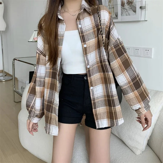 Camicia a quadri donna autunno 2025 – camicia manica lunga stile preppy vintage, taglio loose, single-breasted