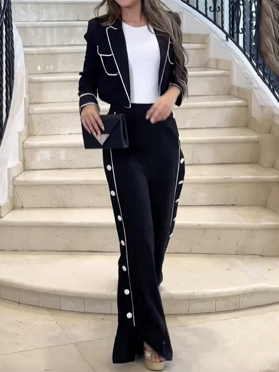 Completo Donna Elegante Blazer Cropped e Pantalone Palazzo