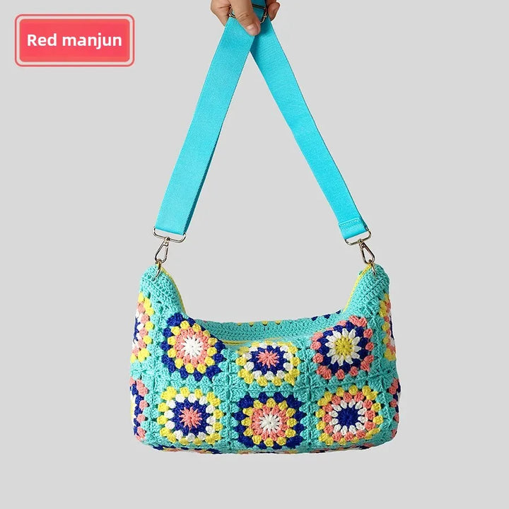 Borsa a tracolla in cotone uncinetto traforato – shoulder bag artigianale floreale con zip, stile boho