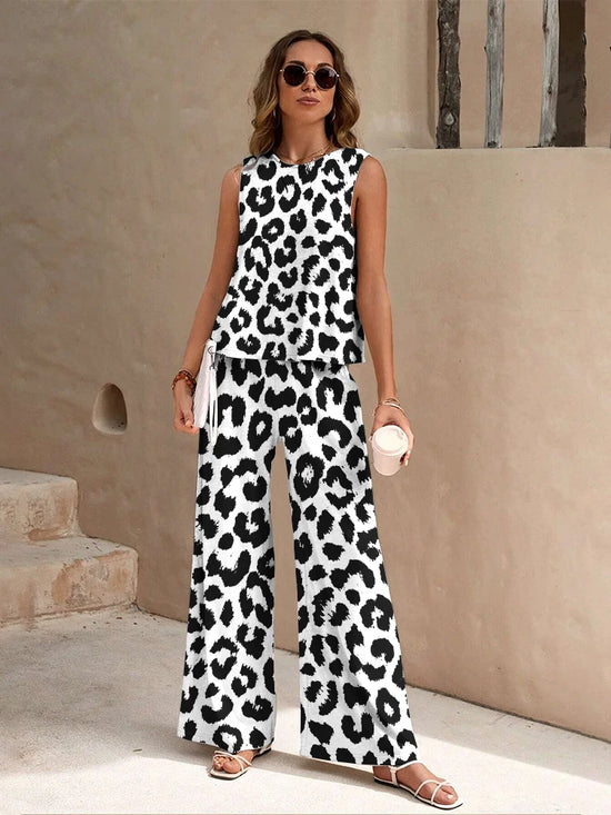 Set 2-pezzi donna stampa leopardo canotta e pantaloni — completo casual estate/inverno, stile urban street