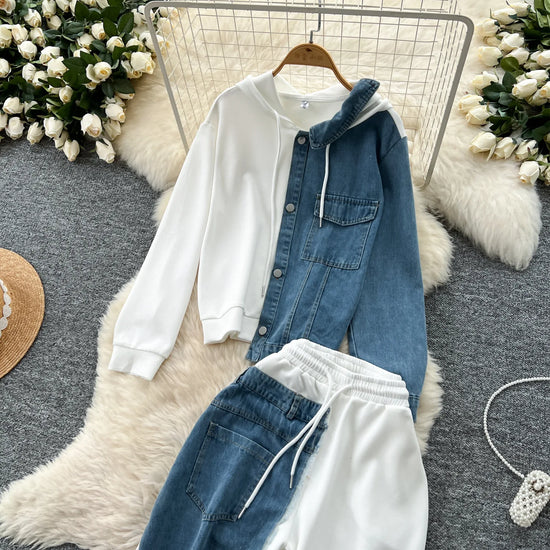 Set denim donna 2025 – completo felpa con cappuccio + pantaloni larghi elasticizzati, co-ord casual trendy