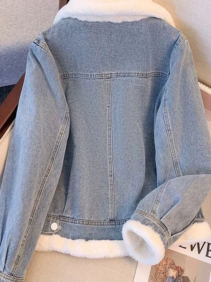 Giacca denim imbottita con pile fissato 2025 – giubbotto baggy da donna con colletto alto e interno caldo