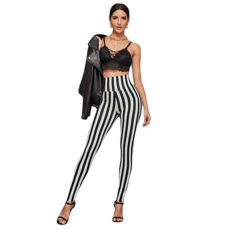 Lazada High-waisted Black White Striped Leggings Base Trousers Nine-point Shorts Southeast Asia Products Factory Direct Sales