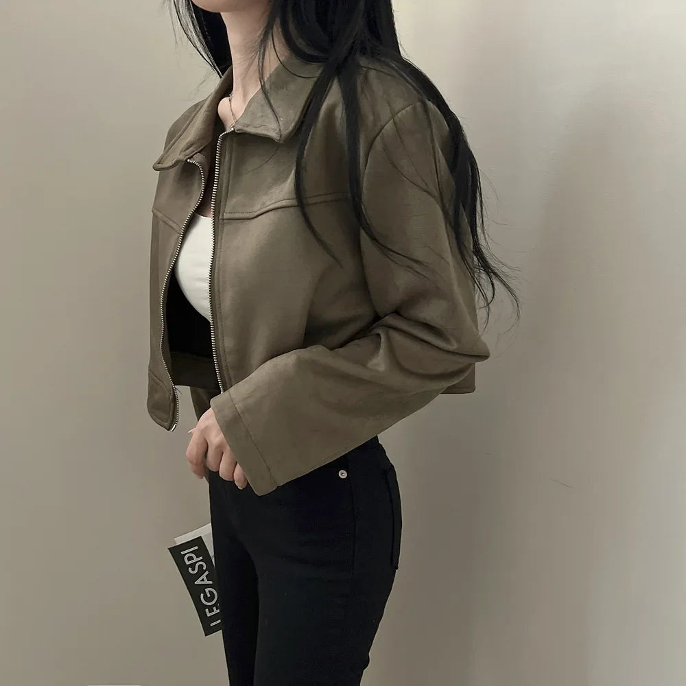 Giacca in pelle donna stile vintage – Giubbotto corto con zip, collo alla coreana, taglio slim fit, versatile e alla moda