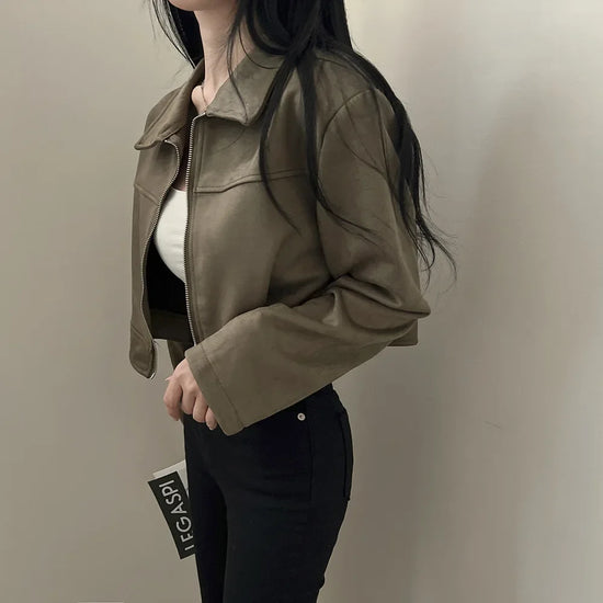 Giacca in pelle donna stile vintage – Giubbotto corto con zip, collo alla coreana, taglio slim fit, versatile e alla moda