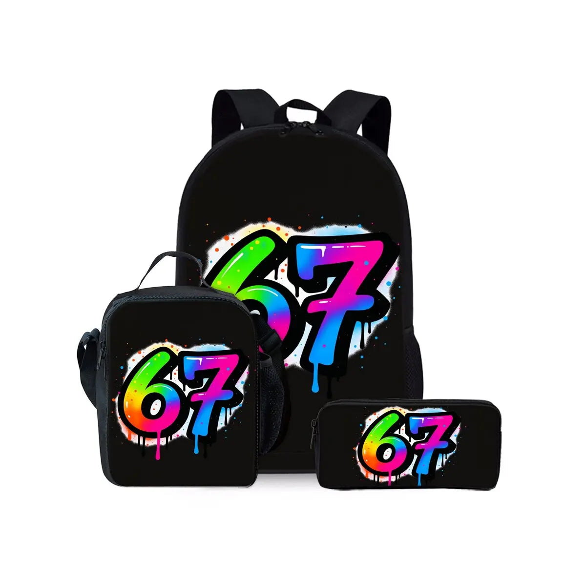 New Colorful Number 67 Print Three Piece Set Backpacks for Boy and Girls Best Gifts 2D Flat Cartoon School Bag for Children