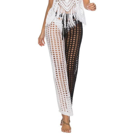 Pantaloni copricostume mesh trasparente con frange – Estate 2025