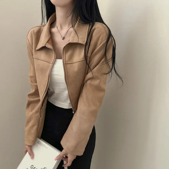Giacca in pelle donna stile vintage – Giubbotto corto con zip, collo alla coreana, taglio slim fit, versatile e alla moda