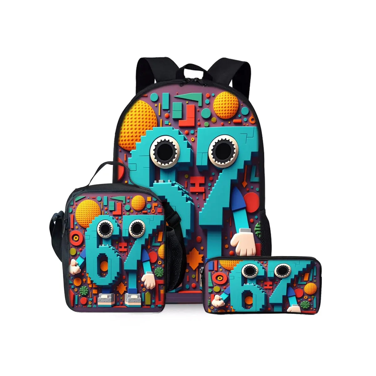 New Colorful Number 67 Print Three Piece Set Backpacks for Boy and Girls Best Gifts 2D Flat Cartoon School Bag for Children