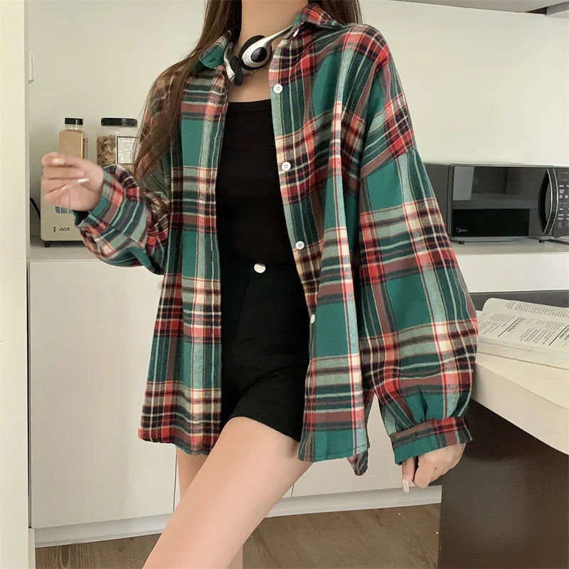 Camicia a quadri donna autunno 2025 – camicia manica lunga stile preppy vintage, taglio loose, single-breasted