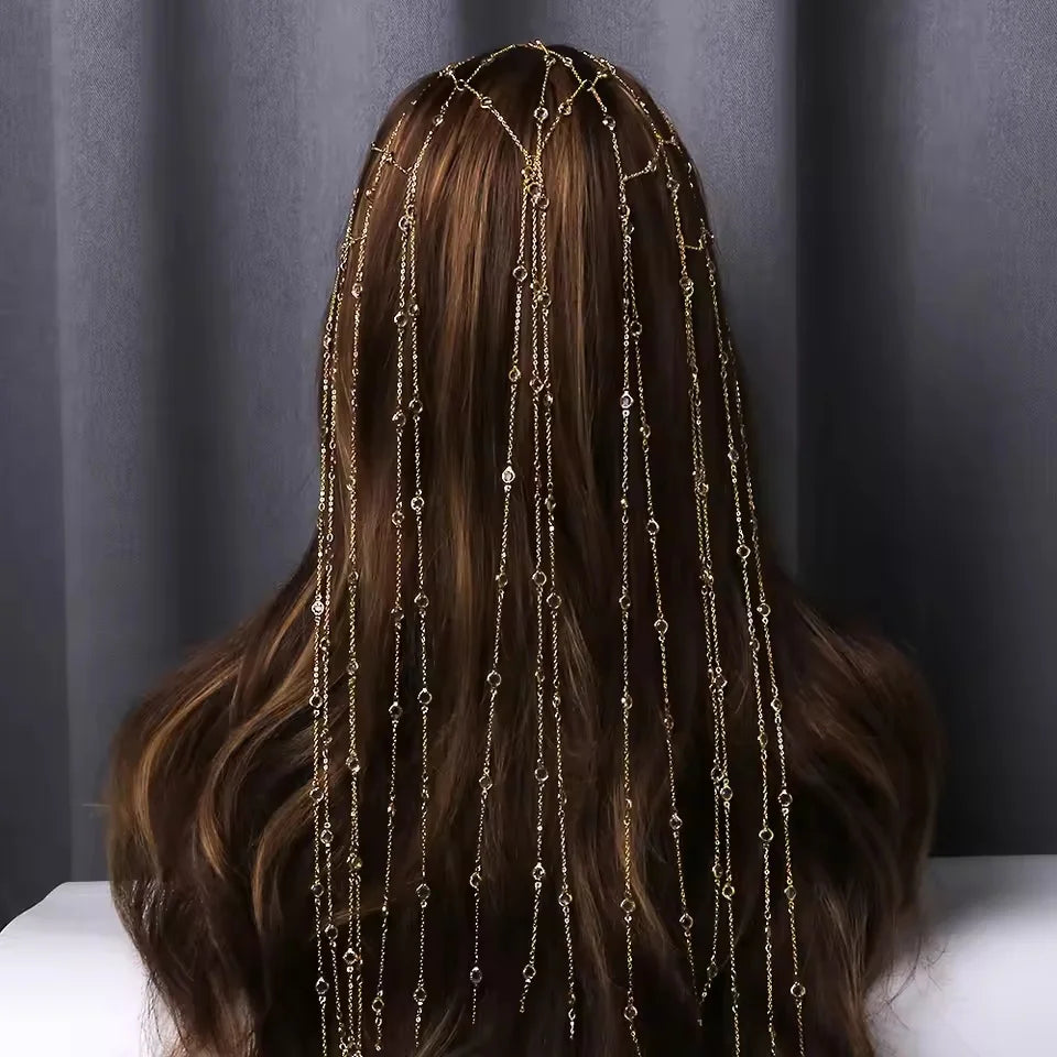 Copricapo Gioiello Donna con Strass e Frange – Oro o Argento